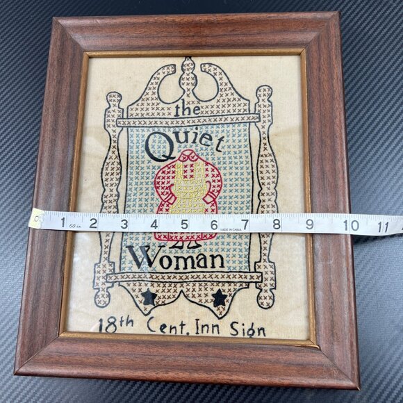 VTG Cross Stitch The Quiet Woman Wood Frame 12x10 Art 18th Cent. Inn Sign - Picture 8 of 10